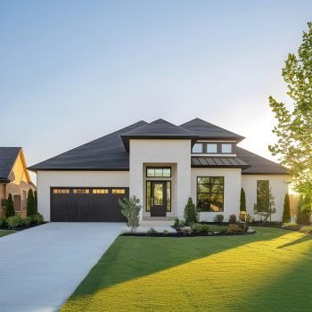 modern luxury house with beautiful lawn sunny sky